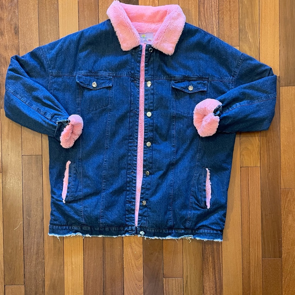 Y2k styled denim coat with pink fur lining